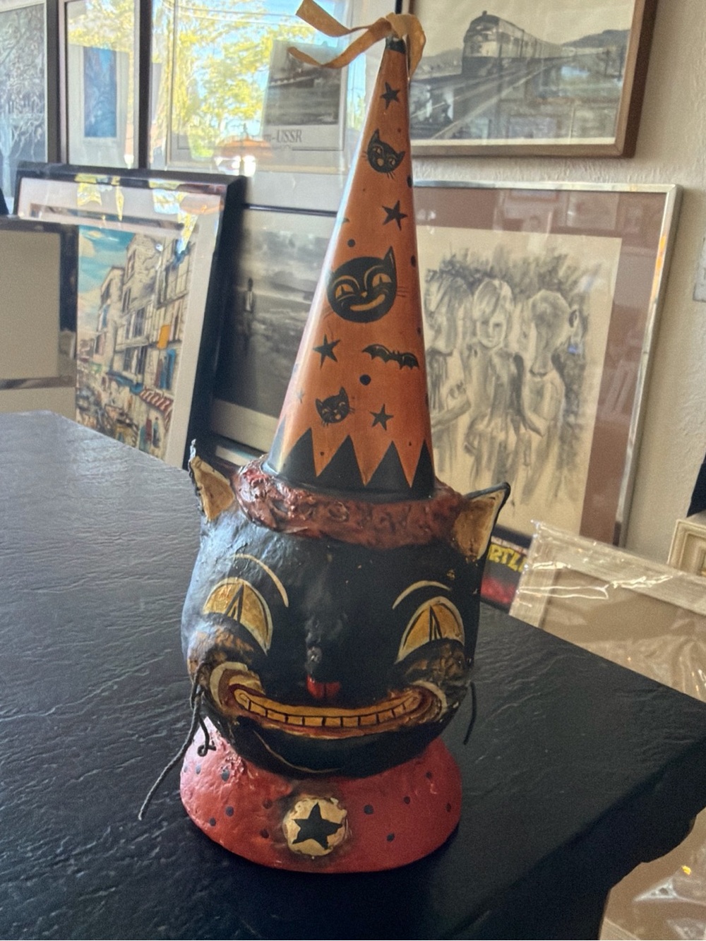 Vintage-Rare collectible Inspired Black & Orange Cat Sculpture with Witch Hat -